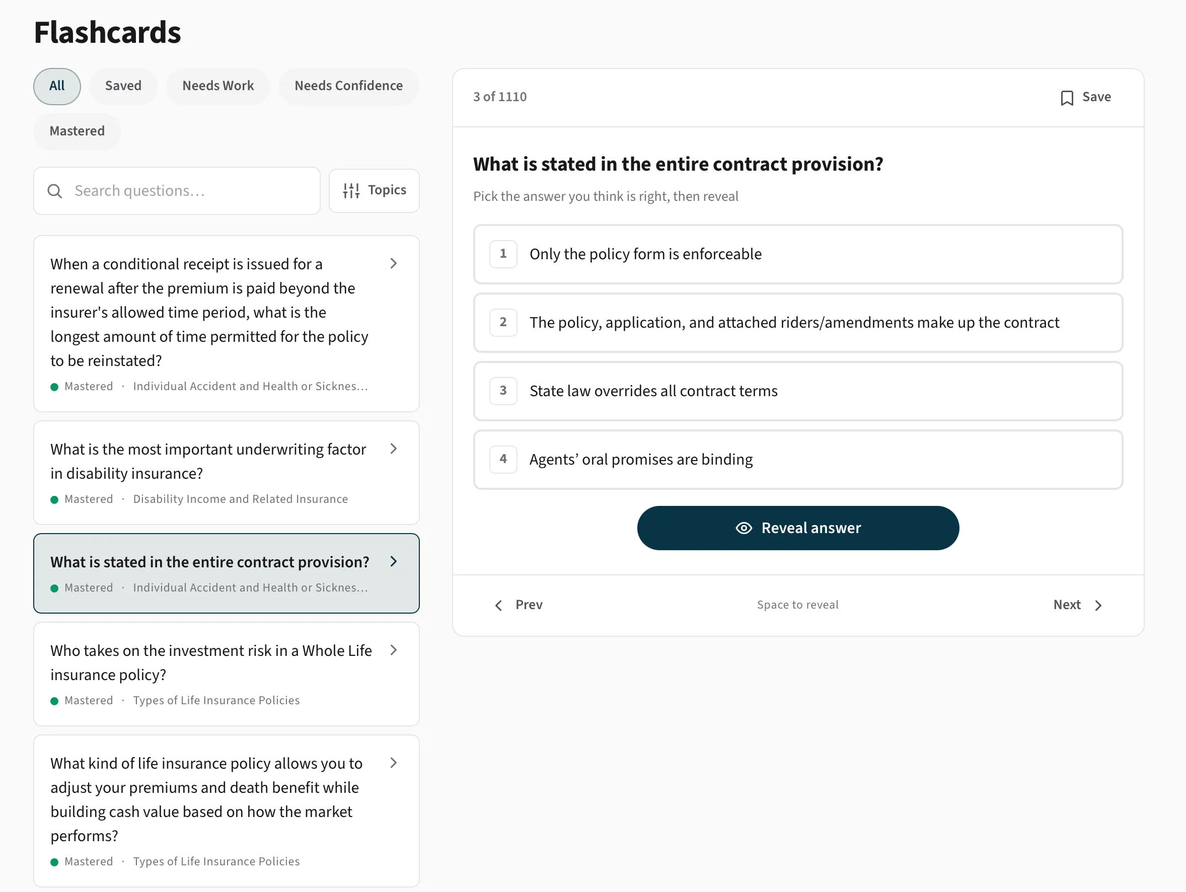 The Get Cleared flashcards screen with a filterable question list and a card showing multiple-choice options and a reveal-answer button.