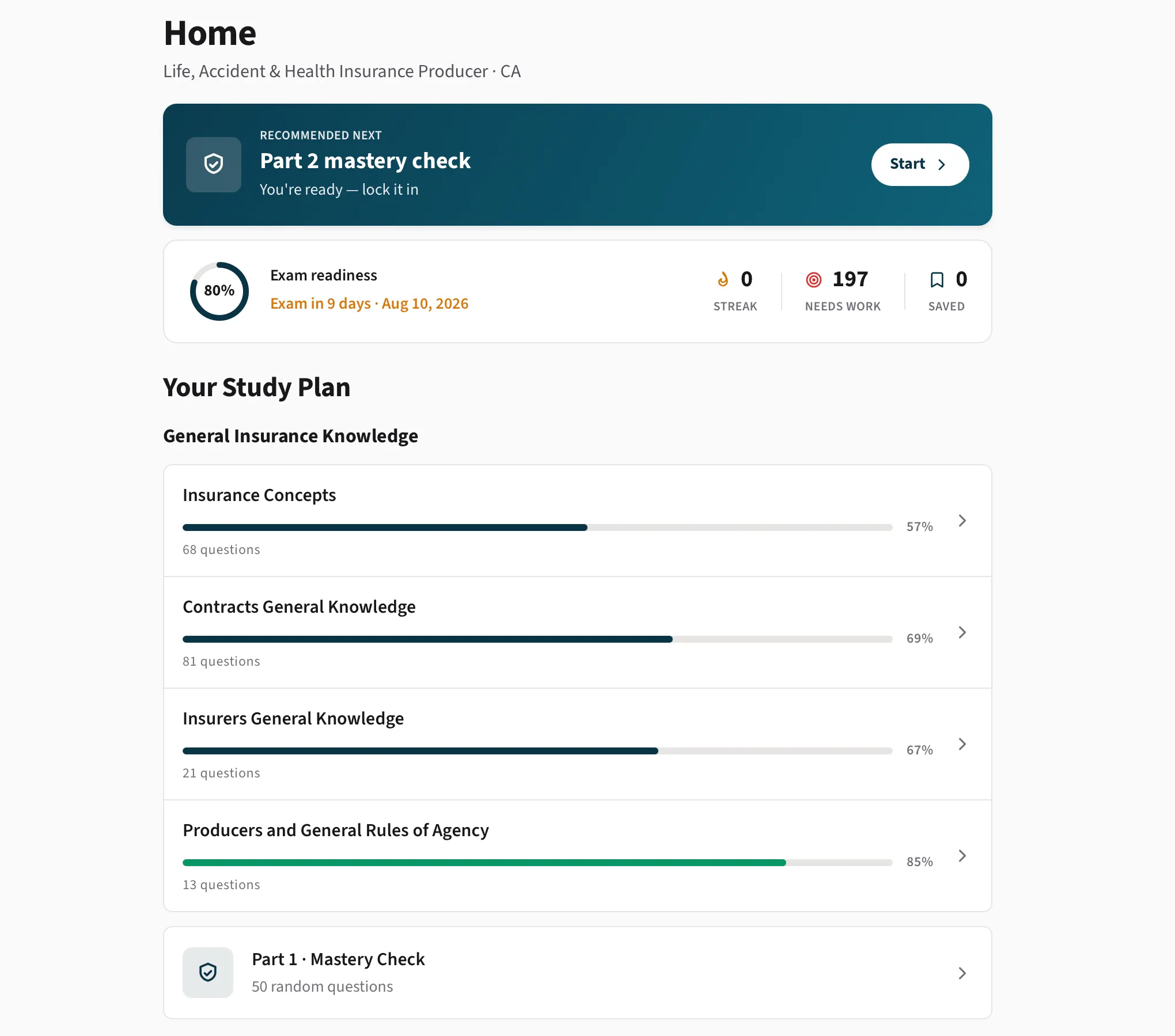 Get Cleared dashboard showing an 80% exam-readiness score, a countdown to exam day, a recommended mastery check, and per-topic progress bars.