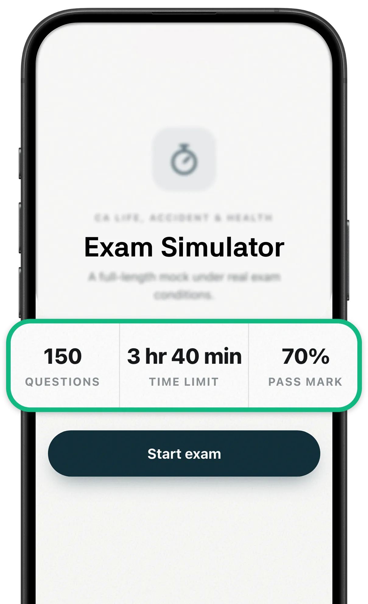 Get Cleared mobile exam simulator showing 150 questions, a 3 hour 40 minute limit, and a 70 percent pass mark.