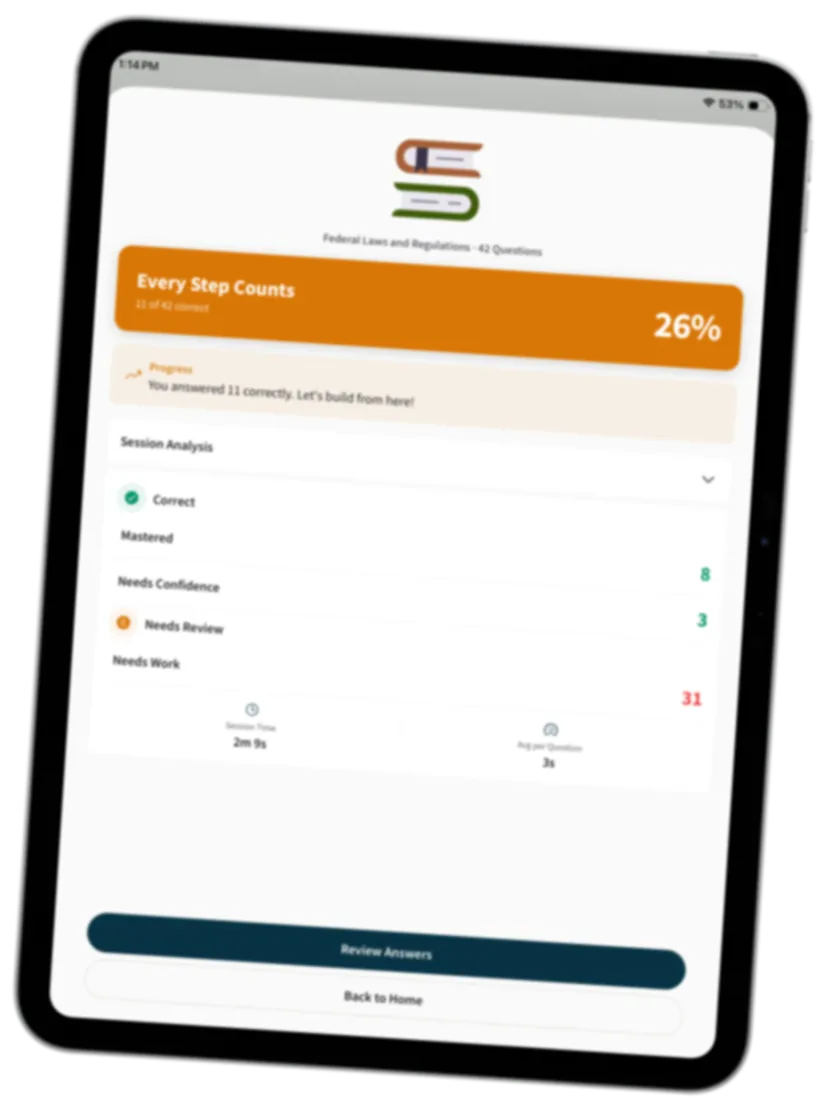 Get Cleared session progress and answer review displayed on an iPad.